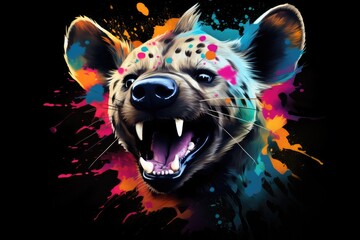 Wall Mural - Impressive hyena predatory beast color painting motif, cool t-shirt pattern for printing, Animal that hunts its prey and eats its meat. Generative AI, Isolated on black background