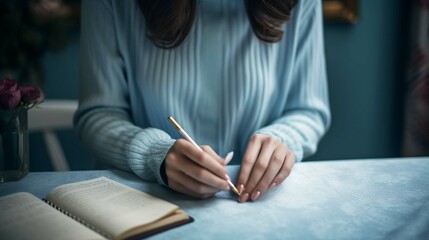 Canvas Print - a woman hands holding a pen and women wear light blue colour sweater on the table
