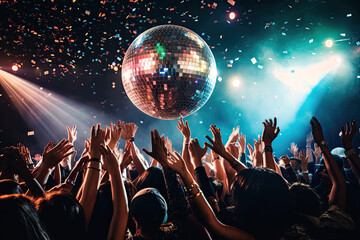 Party in concert stage with disco ball of the disco era