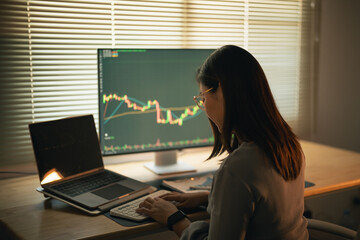 Wall Mural - Asian Business Woman is checking Bitcoin or stock market price chart on the digital exchange on a laptop monitor computer, cryptocurrency future price action prediction. Trading Stock Bitcoin ETF.