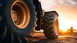 © Generative AI - Big rubber wheels of soil grade tractor car earthmoving at road construction side. Close-up of a dirty loader wheel with a large tread with sky sunset : Generative AI