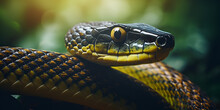 Close Up Of A Snake ,Cobra ,Ambush ,A Snake With A Blue Head Sits On A Rock ,Boa With Generative Ai