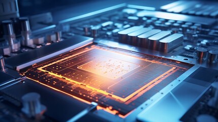 Poster - Close-up of Silicon Die are being Extracted from Semiconductor Wafer and Attached to Substrate by Pick and Place Machine. Computer Chip Manufacturing at Fab. Semiconductor Packaging Pr : Generative AI