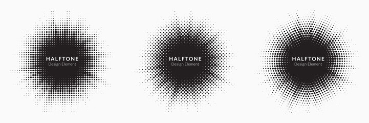 Halftone circle frame background set. Round border Icon using halftone random circle. Burst Halftone light effect. Glowing light burst. abstract grunge halftone dots background. Vector illustration.	