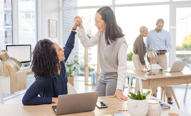 Poster - Business team, high five and women celebrate success, win or target achievement in office. Diversity people or employee and mentor or manager with goal, teamwork and solidarity in collaboration