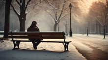 A Lonely Man Sitting On A Bench In Winter.	
