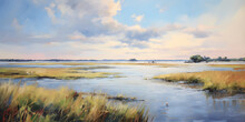 Watercolour Painting Of The Marsh Landscape, A Picturesque Wetland Environment In Soft Natural Harmonious Colours
