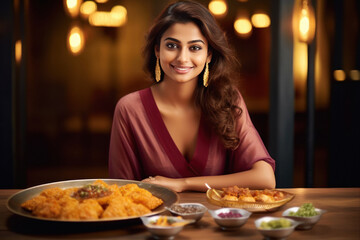 Sticker - young indian woman sitting at restaurant