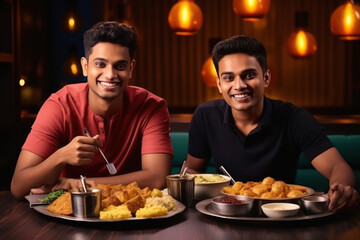 two indian friends enjoying dinner at restaurant