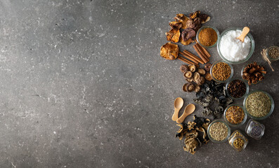 Wall Mural - Various spices, dried mushrooms, salt and peppe