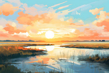 Simple Colourful Painting Of The Marsh Landscape, A Cute Picturesque Wetland Environment In Bright Colours