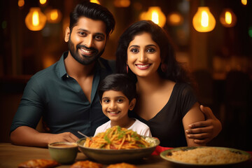 Canvas Print - indian family enjoying dinner at restaurant