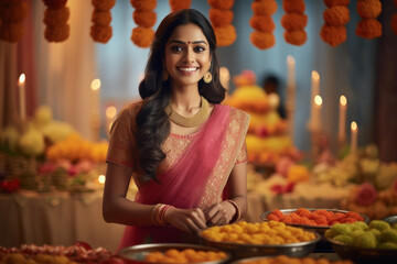 Canvas Print - Young Indian woman celebrating diwali festival