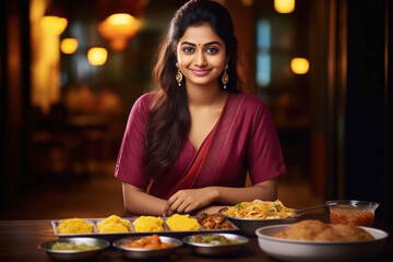 Wall Mural - young indian woman eating dinner at restaurant