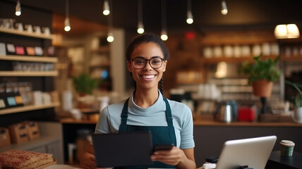 Smiling female cashier accepting payments.,generative ai