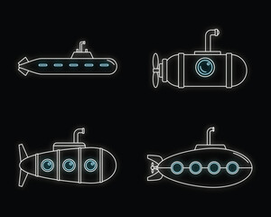 Poster - Periscope submarine telescope icons set. Outline illustration of 4 periscope submarine telescope vector icons neon color on black