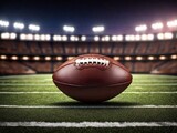 Fototapeta Sport - Realistic American football ball lies on the football field. Against the backdrop of the stands with fans.