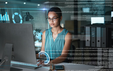 Aufkleber - Computer hologram hud, working or woman review finance chart, stock market database or futuristic night overlay. Forex investment, online data analysis or African trader trading NFT or bitcoin crypto