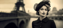Elegant French Woman In Black Outfit With Hat, Vintage Style, By Seine River And Eiffel Tower.