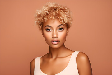 Wall Mural - Young adult happy Black woman beauty female model, pretty cool gen z African lady with short blond hair healthy face skin and nose piercing looking at camera isolated at beige background