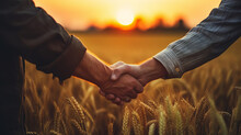 Two Farmers Shake Hands In Front Of A Wheat Field.genearative Ai