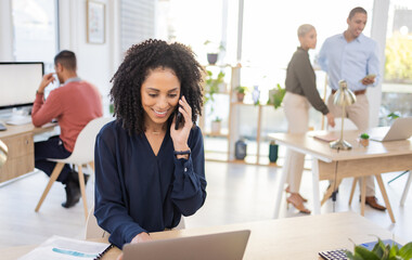 Poster - Phone call, laptop and black woman in office for communication, information and networking. Entrepreneur person at advertising agency talking to contact for proposal deal or digital marketing at desk