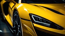 Part Of Front End Of A Yellow Sport Car, Headlights And Part Of Wheel Showing. Close-up Photograph Of The Body Of A Yellow Super Sports Car