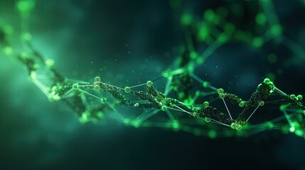 Fototapete - Molecular background with DNA. Network concept. Music sound wave. Big data visualization. Abstract connecting dots on the green backdrop.