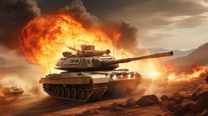 Tanks battle. War Concept. Military silhouettes fighting scene on war fog sky background. Armored vehicles. Generative AI