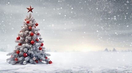 Sticker - decorated fir tree in snowy landscape, beautiful christmas tree with red balls on abstract winter background with advertising space, white snowflakes in front of the silver sky