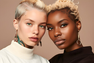 Wall Mural - close up of Cool gen z girls cool diverse inclusive faces beauty models faces with piercing tattoos short blond hair isolated on beige background Two African European young women advertising skin care