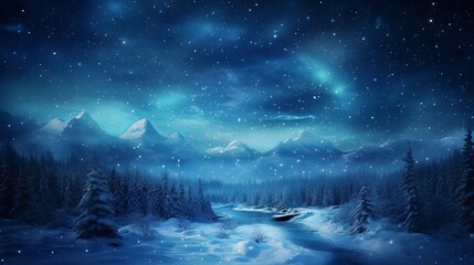 Wall Mural - Stunning nighttime view of snowy forest and mountains under starry sky and clouds