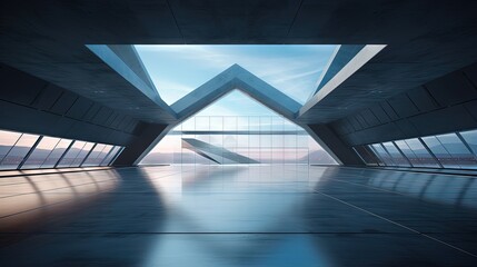 Poster - 3d render of abstract futuristic glass architecture with empty concrete floor.