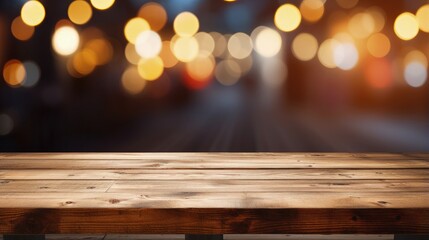 Poster - image of wooden table in front of abstract blurred background of resturant lights