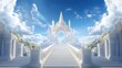 A concept depicting a huge staircase leading up to the open majestic pearly gates of heaven srrounded by a blue sky background - 3D render