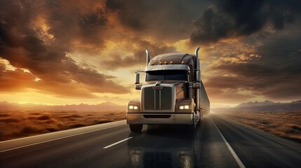 Poster - Big truck overtaking a small truck on a road in a rural landscape at sunset with dramatic clouds