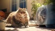 Portrait of a fat and big hairy domestic cat enjoying in front of a home ventilator during heatwave in Europe with food and water. Concept of global warming, extreme heat and animal welfare.