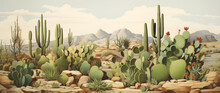 Landscape Illustration Of The Desert Environment, Cacti, Desert Trees, Nature Landscape Background