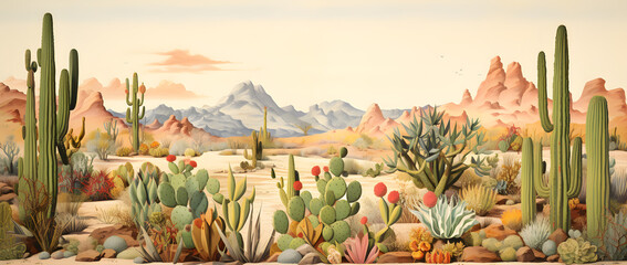 Wall Mural - landscape illustration of the desert environment, cacti, desert trees, nature landscape background