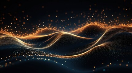Fototapete - Futuristic digital wave with dots. Dark cyberspace. Abstract music background. Big data visualisation with particle flow. 3d rendering.