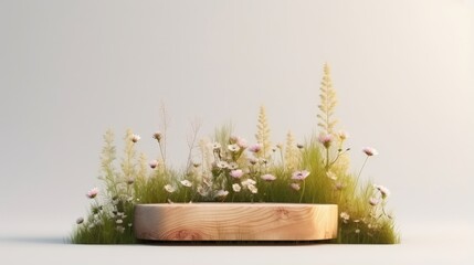 Aufkleber - Wood podium in meadow for product presentation and on white background.3d rendering