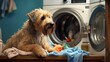 dog at a washing machine ready to do the chores and homework or housework and clean the dirty teddy bears