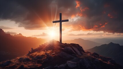 Poster - Silhouettes of crucifix symbol on top mountain with bright sunbeam on the colorful sky background