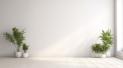 Wall Mural - White wall empty room with plants on a floor,3D rendering