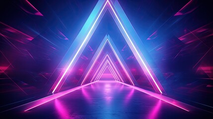 Aufkleber - 3d render, ultraviolet neon triangular portal, glowing lines, tunnel, corridor, virtual reality, abstract fashion background, violet neon lights, arch, pink blue triangle, spectrum, laser show