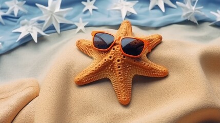 Poster - A funny brown starfish (celebrity) in sunglasses lies on a towel on the seashells and is tanning. Summer vacation, travel and tourism concept. View from above.