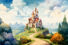 Watercolour Landscape Painting Of Fairy Tale Castle On Hill