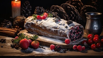 Wall Mural - Delicious Christmas yule log cake with chocolate frosting and red berries on a wooden table