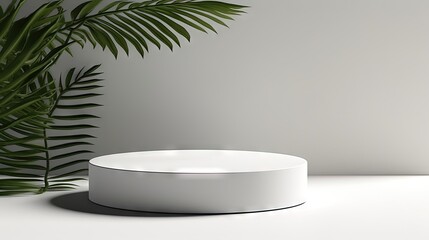 Leinwandbilder - Cylindrical podium on a white background with hard shadows and leaves. Minimal empty scene of cosmetic products presentation. Geometric podium.