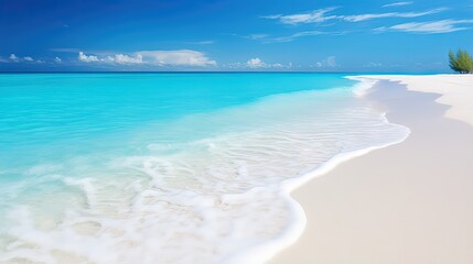 Sticker - Panorama of a beautiful white sand beach and turquoise water in Maldives. Holiday summer beach background.. Wave of the sea on the sand beach.